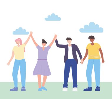 İnsanlar bir araya geldi, kadın ve erkek çizgi film grubuna katıldılar, erkek ve kadın karakterler.