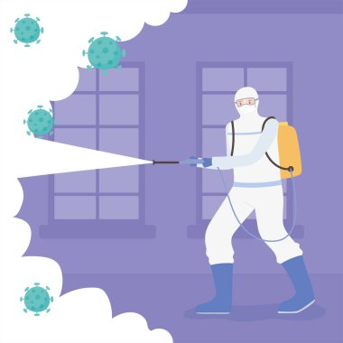 Virüs dezenfeksiyonu, hamzat kıyafetli adam temizlik ve dezenfekte, covid 19 koronavirüs, önleyici önlem