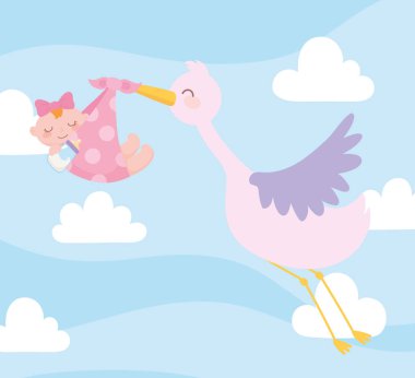 Bebek partisi, leylek battaniyeli bebek taşıyor, yeni doğan bebeğe hoşgeldin