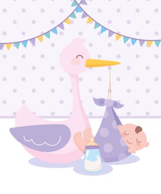 Bebek partisi, leylek ve battaniye ve şişe sütü içinde küçük bir çocuk. Yeni doğan bebeğe hoş geldin.