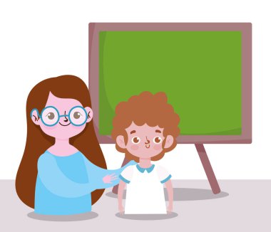 Mutlu öğretmenler günü, tahtası olan öğretmen ve öğrenci çocuk.