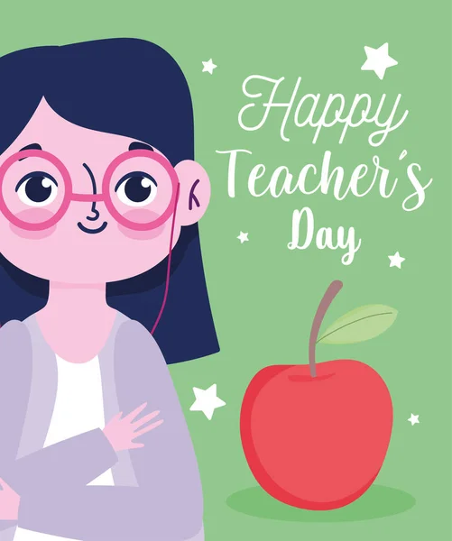 Glad lärare dag, kvinnlig lärare tecknad film och äpple — Stock vektor