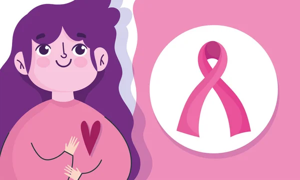 Borstkanker bewustzijn maand, cartoon vrouw lint en hart — Stockvector