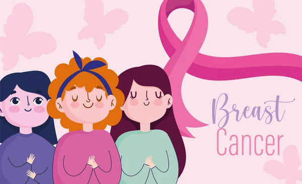 Grupo de mujeres de dibujos animados mes conciencia cáncer de mama con cinta de apoyo rosa — Vector de stock