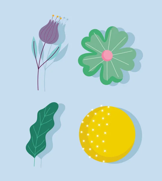 Cartoon volle maan bloemen blad natuur decoratie pictogrammen — Stockvector