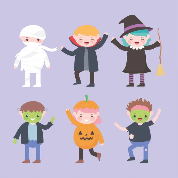 Halloween heureux, personnages costume groupe enfants, tour ou régal, fête — Image vectorielle