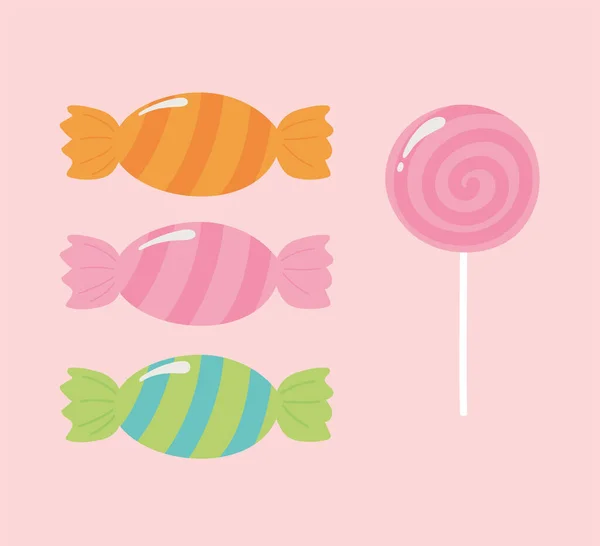 Dulces dulces dulces dulces postres iconos rosa fondo — Vector de stock