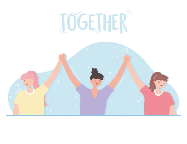 Människor tillsammans, kvinnor som håller händer vänliga, kvinnliga tecknade tecken — Stock vektor