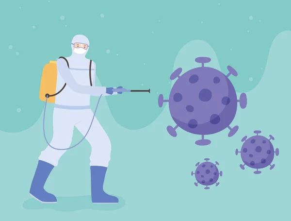 Απολύμανση ιών, εργαζόμενος με προστατευτική στολή ψεκάζοντας το μόριο του κορωναϊού, προληπτικό μέτρο — Διανυσματικό Αρχείο