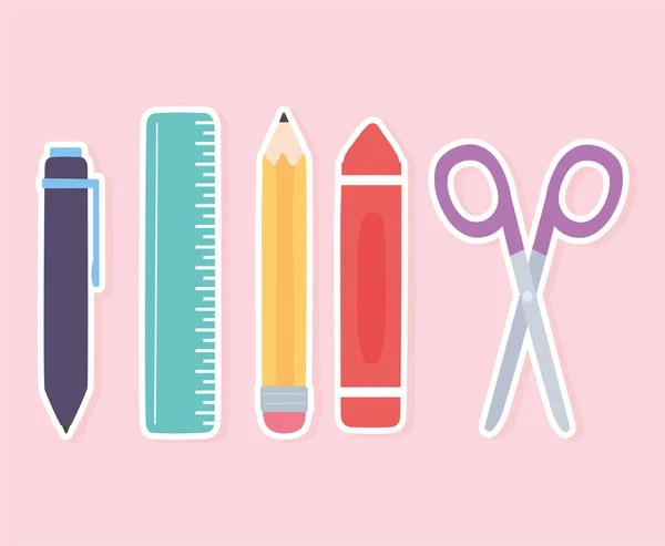 Шкільний лінійний олівець ножиці для крайньої ручки постачає іконки — стоковий вектор