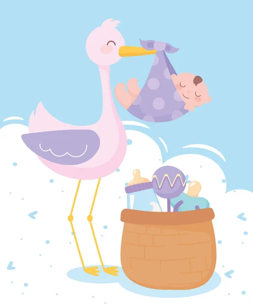 Baby shower, bocian z małym chłopcem w kocu z grzechotką kosz i smoczek, święto powitanie noworodka — Wektor stockowy