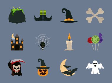 Cadılar Bayramınız kutlu olsun, şaka mı şeker mi kutlama partisi koleksiyonu düz simgeler tarzı