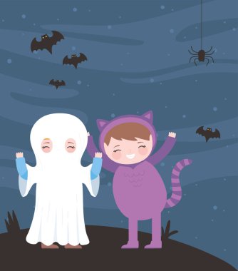 Mutlu cadılar bayramı, anne ve kedi kostümleri karakter geceleri yarasalar, şaka mı şeker mi, parti kutlaması