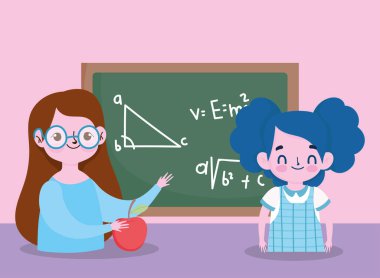 Mutlu öğretmenler günü, öğretmen ve öğrenci kız karatahta ve elma