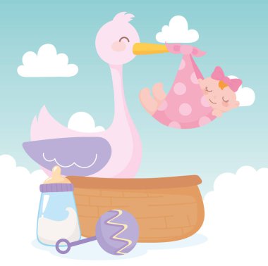 Bebek partisi, leylek ve küçük kız çıngırak ve sepet, yeni doğan bebeğe hoş geldin