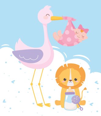 Bebek partisi, leylek, küçük kız ve küçük aslanla birlikte. Çıngıraklı şişe sütüyle oturuyor. Yeni doğan bebeğe hoş geldin.