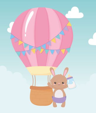 Bebek partisi, balonlu ve balonlu şirin tavşan, yeni doğan bebeği selamla.