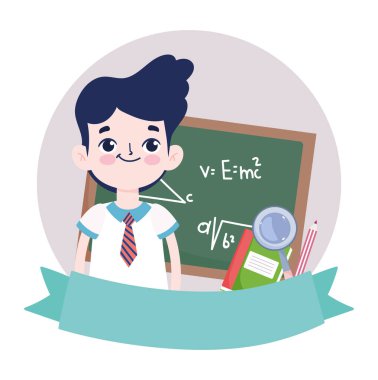 Mutlu öğretmenler günü, öğrenci çocuk karatahta kitabı ve büyüteç çizgi filmi