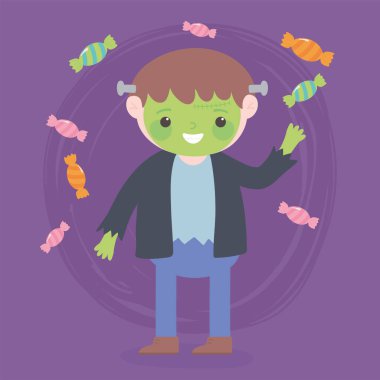 Cadılar bayramın kutlu olsun, şeker kostümlü canavar çocuk.