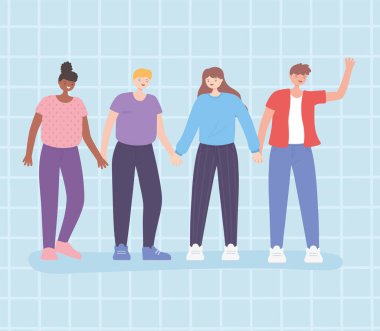 İnsanlar bir arada, kadınlar ve erkekler el ele tutuşuyor, erkek ve kadın çizgi film karakterleri