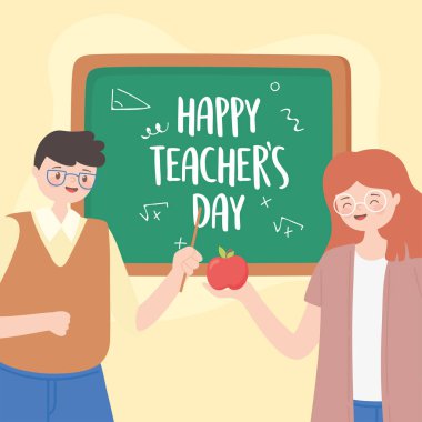 Mutlu öğretmenler günü, erkek ve kadın öğretmen elma ve karatahta ile