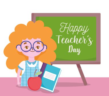 Mutlu öğretmenler günü, öğrenci kız kitap kitabı elma ve siyah bordo.