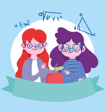 Mutlu öğretmenler günü, gözlüklü ve elmalı öğretmen ve öğrenci kız.