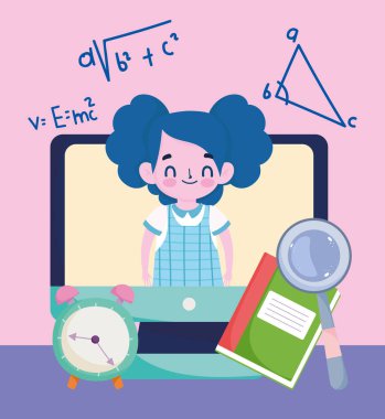 Mutlu öğretmenler günü, öğrenci kız çevrimiçi bilgisayar saati kitabı ve büyüteç