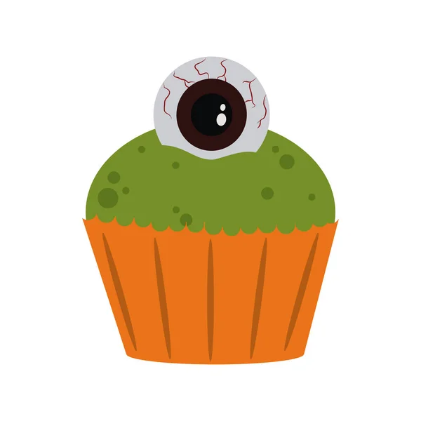 Felice Halloween, dolce cupcake raccapricciante con trucco occhio o trattare celebrazione stile icona piatta — Vettoriale Stock