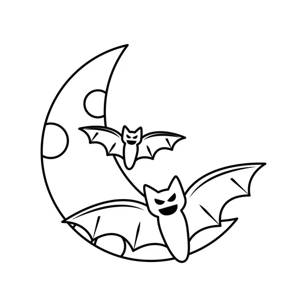 Halloween heureux, lune de nuit et chauves-souris tour ou traiter fête fête ligne icône style — Image vectorielle