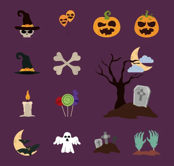 Cadılar bayramın kutlu olsun, şeker mi şaka mı parti dekorasyonu düz ikonlar tarzı — Stok Vektör