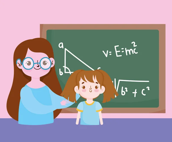 Feliz dia de professores, professor e estudante menina quadro negro com matemática lição — Vetor de Stock