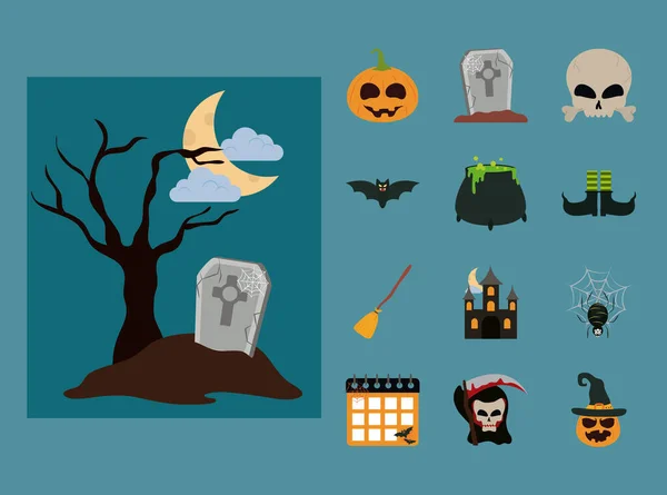 Feliz halloween, truco de miedo o tratar fiesta de celebración estilo iconos planos — Archivo Imágenes Vectoriales