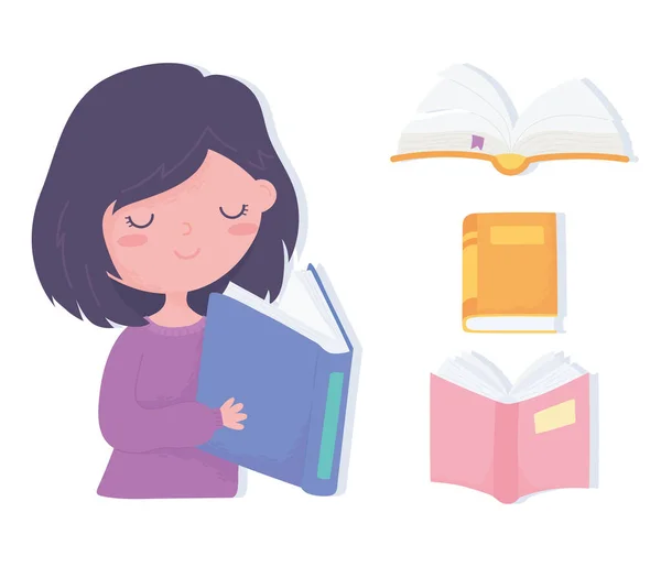 Διεθνής ημέρα αλφαβητισμού, χαριτωμένο κοριτσάκι ανάγνωση βιβλίου — Διανυσματικό Αρχείο