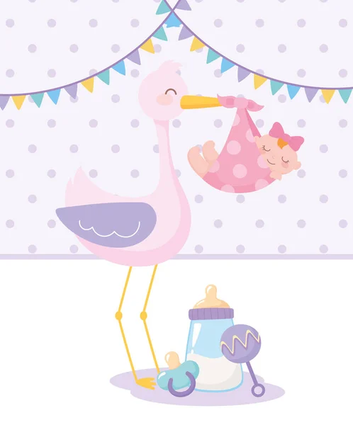 Ducha del bebé, cigüeña con sonajero de niña y chupete, celebración bienvenida recién nacido — Vector de stock