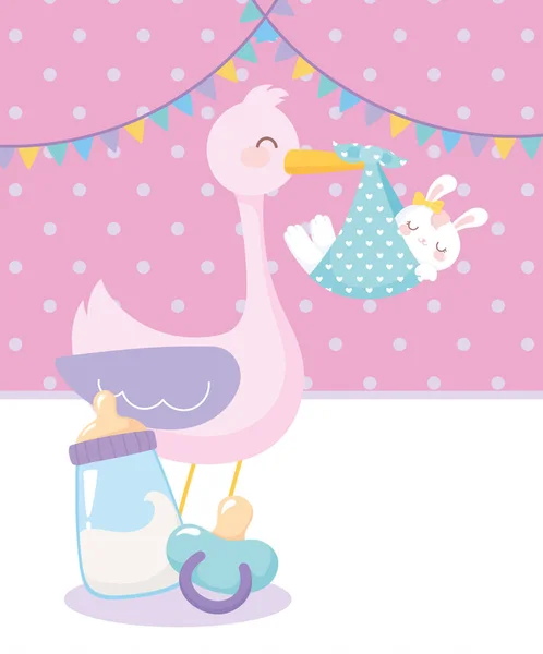 Bebé ducha, cigüeña con conejo en chupete manta y leche biberón, celebración bienvenida recién nacido — Vector de stock