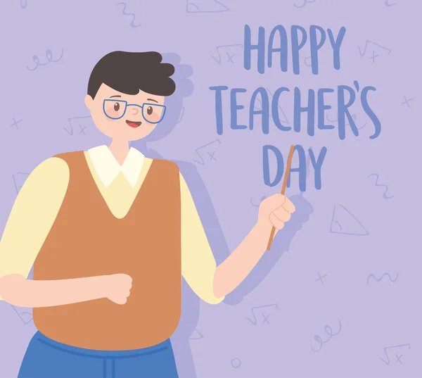 Glad lärare dag, manlig lärare med glasögon karaktär — Stock vektor