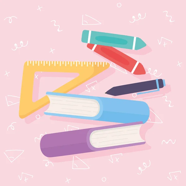 Material escolar lápis de cor caneta triângulo régua e livros — Vetor de Stock