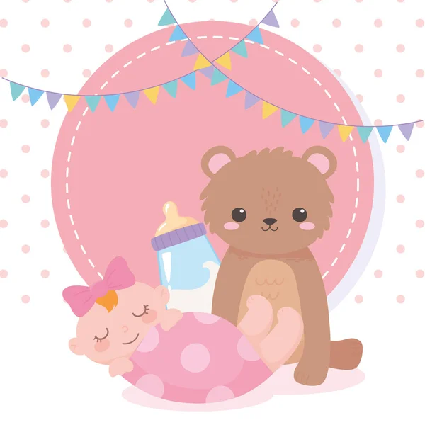 Baby párty, medvídek holčička a láhev mléka, oslava vítám novorozence — Stockový vektor