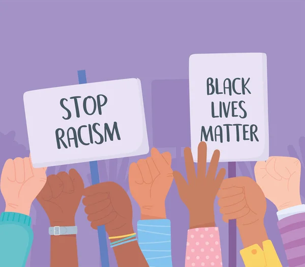 Negro vidas importan bandera para la protesta, manifestantes sostienen pancartas y levantan los puños, campaña de sensibilización contra la discriminación racial — Archivo Imágenes Vectoriales