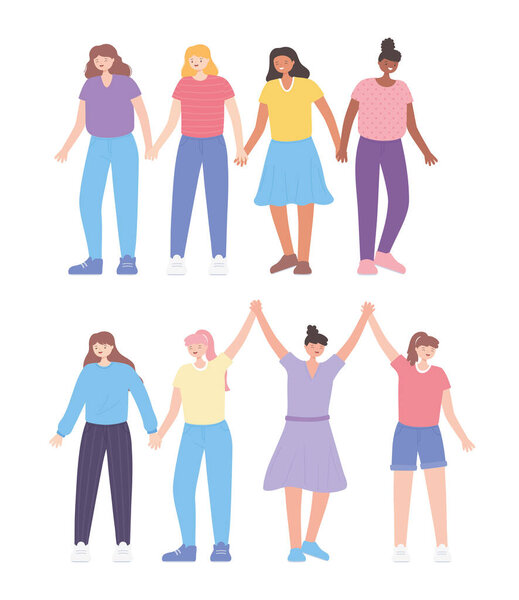 люди вместе, группа молодых женщин-персонажей мультфильмов