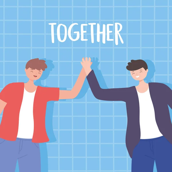 Människor tillsammans, glada unga män som håller hand, manliga seriefigurer — Stock vektor