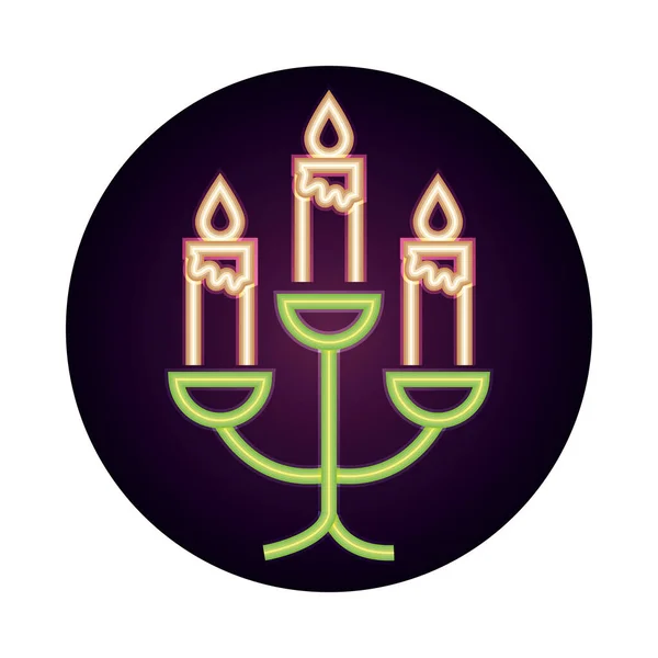 Candelabro con velas encendidas decoración ornamento neón icono estilo — Archivo Imágenes Vectoriales