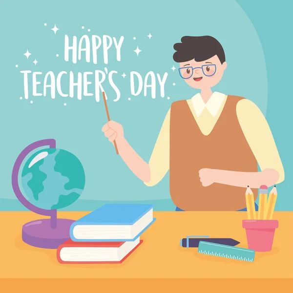 Glad lärare dag, manlig lärare skola världen karta bok pennor — Stock vektor