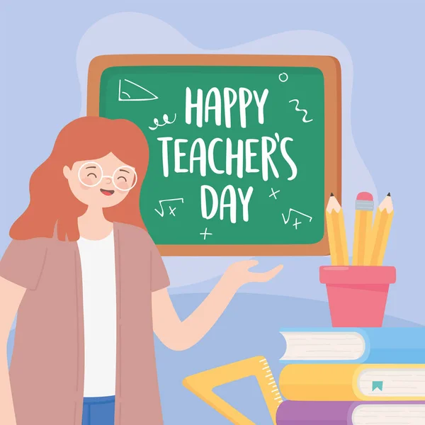 Glad lärare dag, lärare svarta tavlan pennor i cup böcker och linjal — Stock vektor