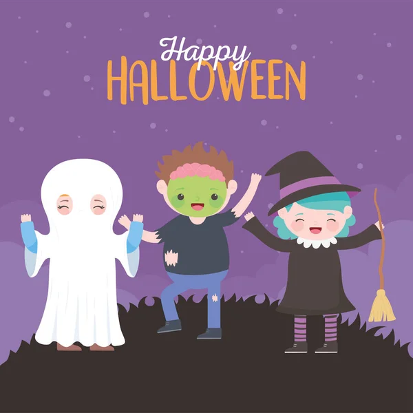 Feliz halloween, mamá bruja zombie niños disfraz carácter, truco o tratar fiesta celebración — Vector de stock