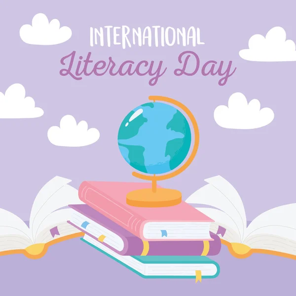 International literacy day, school books map literature knowledge — Stock Vector