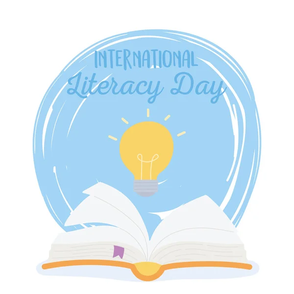 Día internacional de la alfabetización, idea de creatividad libro abierto — Vector de stock