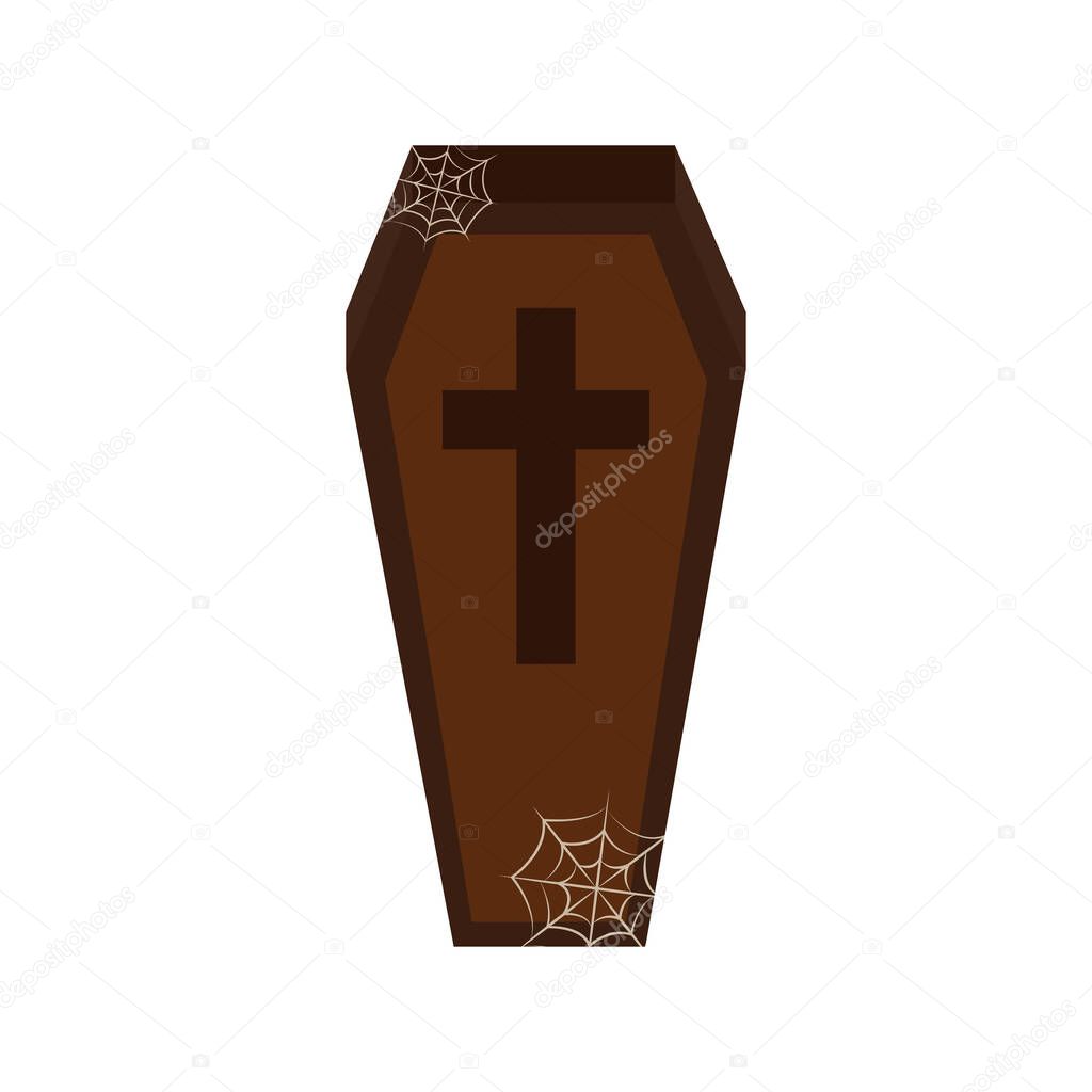 happy halloween, dark coffin and cobweb trick or treat celebration flat icon style