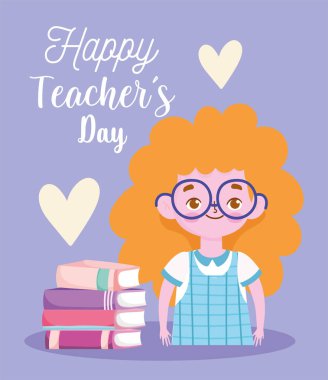 Mutlu öğretmenler günü, kitaplı sarışın kız çizgi filmi.